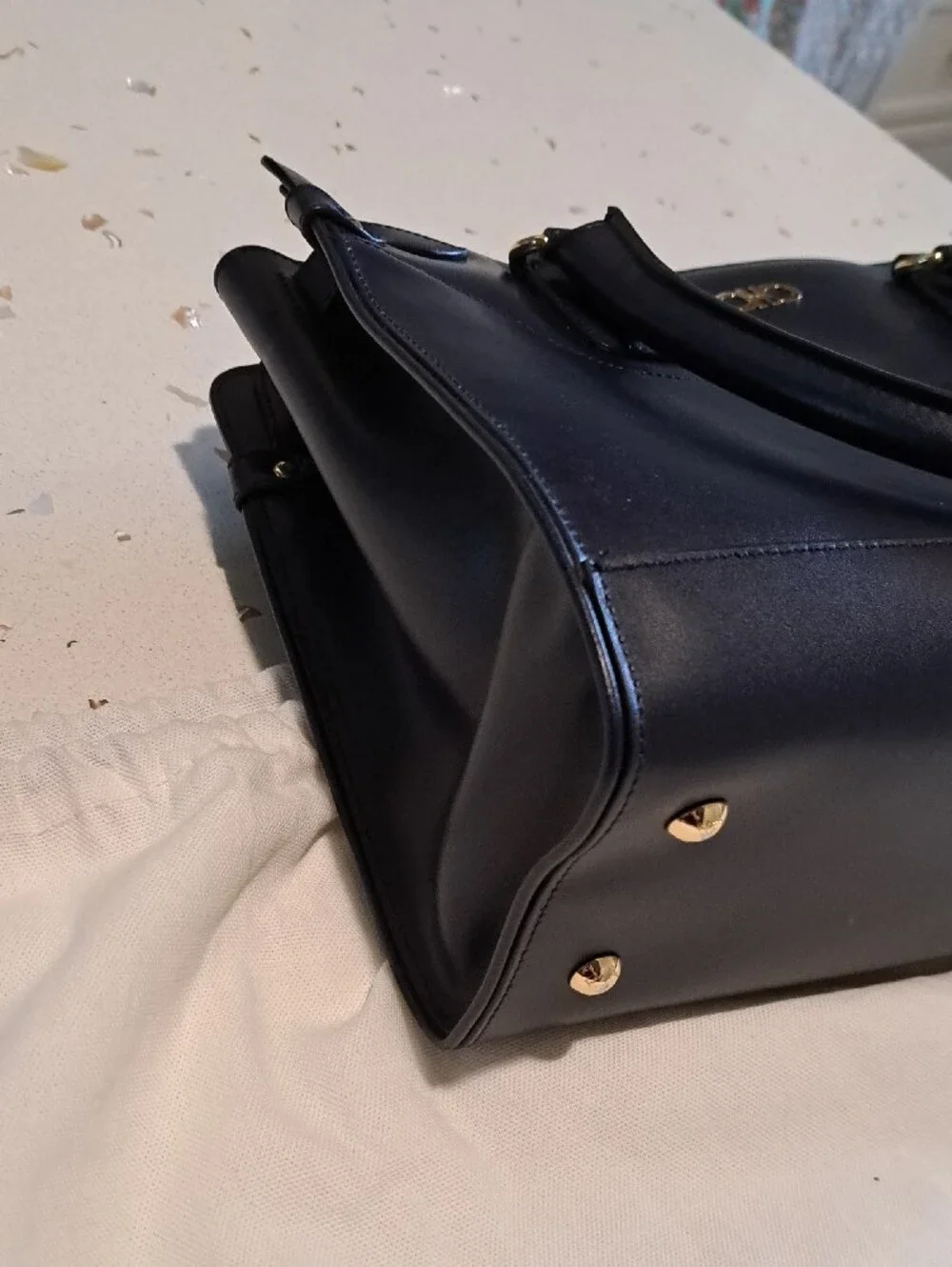 Salvatore Ferragamo Navy Leather Briana Bag with Gold Hardware